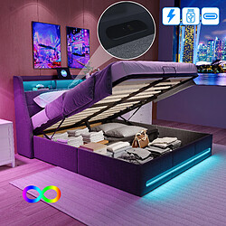 Lit rembourré - Superaly - 160x200cm - avec éclairage LED et port USB - Linge - Gris pas cher