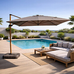 Concept Usine Parasol rectangulaire 3x4m déporté rotatif gris pied effet bois en aluminium CESARE