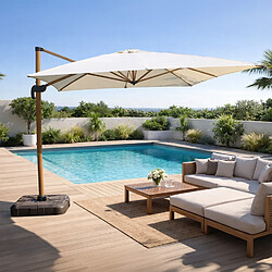 Concept Usine Parasol rectangulaire 3x4m déporté rotatif écru pied effet bois en aluminium CESARE