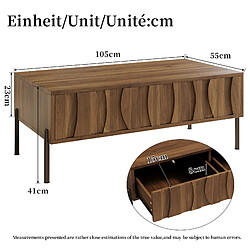 MIVRAY Table basse 105x55x41 cm 2 tiroirs, pieds en fer MDF naturel pas cher