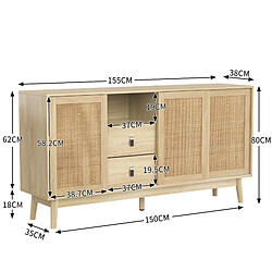 lemonbest Buffet/Enfilade 155×38×80 cm, finition bois, 3 portes coulissantes en rotin véritable pas cher