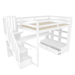 Avis lemonbest Lit mezzanine 140×200 cm blanc, MDF, éclairage LED, espace bureau/rangement