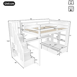 lemonbest Lit mezzanine 140×200 cm blanc, MDF, éclairage LED, espace bureau/rangement pas cher