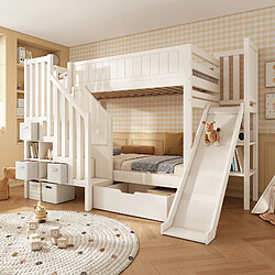 lemonbest Lit superposé enfant 90x200cm - pin massif - blanc Lit superposé enfant 90x200cm avec toboggan, escalier de rangement et tiroirs - design gain de place multifonctionnel - pin massif - blanc