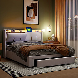 Avis MEXUS Lit coffre 140x200 cm avec LED et charge USB, Velours, Beige