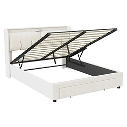 MEXUS Lit coffre 140x200 cm avec LED et charge USB, Velours, Beige pas cher