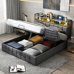 MEXUS Lit coffre 140x190 cm avec LED et USB, Lin, Gris
