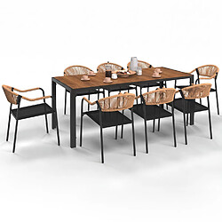 Idmarket Salon de jardin MADEIRA table 190 cm et 8 chaises cordage et textilène noir et rotin clair