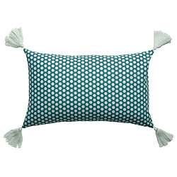 Les ateliers du linge P9100TWIF040 - 30x50 cm - Bleu - Coussin décoratif imprimé en coton avec pompons