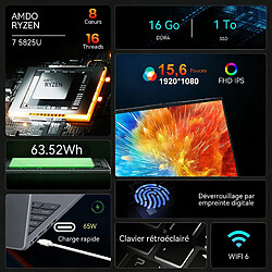 Ninkear PC Portable 15,6" Full HD AMD Ryzen 7 5825U - 16GB RAM, 1TB SSD - Ordinateur Portable