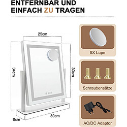 ZMH Miroir de maquillage LED 25×30 cm 3 modes d'éclairage Miroir intensité variable