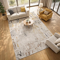UnAmourDeTapis Tapis salon, 200 x 290 cm, beige, jaune et marron, motif abstrait en relief, LYN51 OCRE