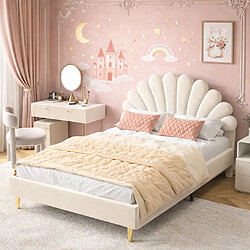 MEXUS Lit double 140x200 cm, lit enfant fille avec tête de lits forme de pétale, velours, beige