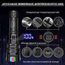 Avis Lampe poche rechargeable 120k lm,5 modes,5000mAh,zoom télesc.,IP67,portée 1000m+