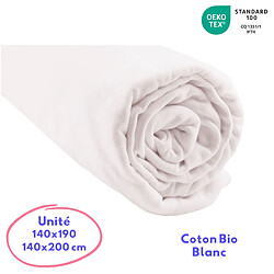 EASY DORT Drap housse 140x190 / 140x200 cm 100% Coton Bio Blanc