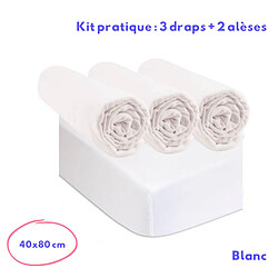 EASY DORT 3 Draps housse 40x80 Coton Blanc + 2 Alèses 40x80 Coton