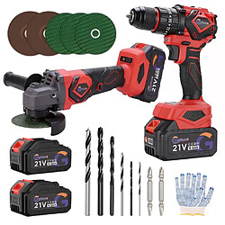 Pack Perceuse+Meuleuse d'angle 21V sans fil, 2x4,0Ah, disques abrasifs/tronçonne, forets