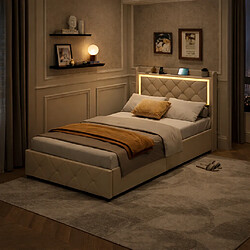 Acheter MEXUS Lit simple 90x200 cm, avec 2 tiroirs, éclairage LED et port USB, velours, beige