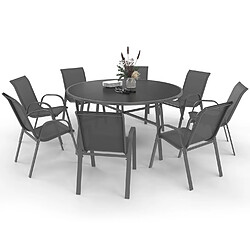 Idmarket Salon de jardin MADRID table ronde 150 CM et 8 chaises empilables gris anthracite