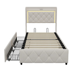 MEXUS Lit simple 90x200 cm, avec 2 tiroirs, éclairage LED et port USB, velours, beige pas cher