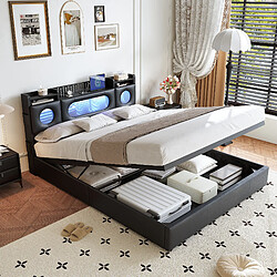 Lit Double-Superaly-140x200cm-Lit À Ressorts Pneumatiques Avec Éclairage Led-PU-Noir
