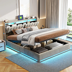 Lit Double-Superaly-140x190 cm-Lit Avec Rangement Et Éclairage Led-Tissu-Velours-Gris