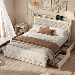 Lit Double-Superaly-140x200cm-Lit Pour Adulte Avec Éclairage Led Et 4 Tiroirs-Velours-Beige