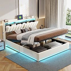 Lit Double -Superaly-140x200cm- Lit Avec Rangement Et Éclairage Led-Tissu Velours-Beige