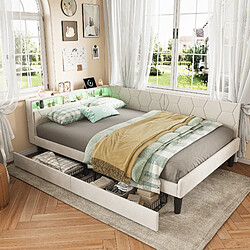 Lit Double-Superaly-140x200cm-canapé-Lit À Led Avec 2 Tiroirs-Lit Pour Adulte-Velours-Beige