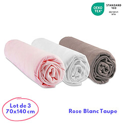 EASY DORT Lot de 3 Draps housse Bambou - 70x140 cm - Rose-Blanc-Taupe