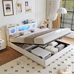 Lit Double-Superaly-140x200cm-Lit À Ressorts Pneumatiques Avec Éclairage Led-PU-Blanc