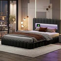 Acheter MEXUS Lit adulte 140x200 cm avec LED et USB, étagères ouvertes et rangement, velours, gris