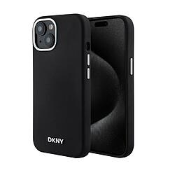 DKNY Coque pour iPhone 14 Plus / 15 Plus MagSafe en Silicone avec Logo en Métal Noir