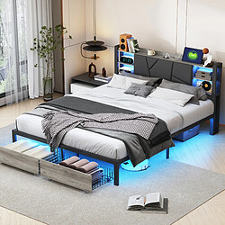 Lit double - Superaly - 160x200cm - avec tiroirs et LED - noir