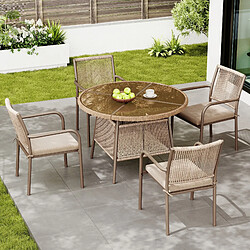 KOMHTOM Salon de jardin rotin 5 pièces, table verre, 4 fauteuils, coussins inclus, fer, beige