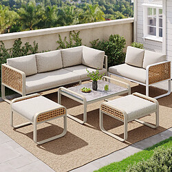 KOMHTOM Canapé d'angle jardin rotin 6-7 places, acier galvanisé, coussins inclus beige