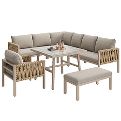 KOMHTOM Salon de jardin angle corde, métal galvanisé, table verre trempé, coussins beige pas cher