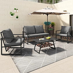 KOMHTOM Salon jardin 4 places canapé table basse coussins housse tissu lavable noir
