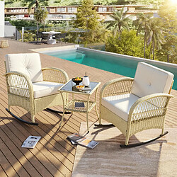 KOMHTOM Ensemble balcon rotin 3 pièces, 2 fauteuils basculants, table verre trempé, 160kg, beige