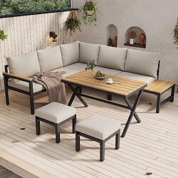 KOMHTOM Canapé d'angle jardin 4 pièces, 2 poufs, table repas bois, rangements, acier gris