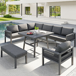 Avis KOMHTOM Salon d'angle 8 places rotin main, fer, coussins gris, table verre marbre extérieur