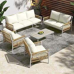 KOMHTOM Ensemble jardin 7 places, rotin PE acier, table verre trempé, coussins lavables beige