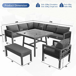 Acheter KOMHTOM Salon d'angle 8 places rotin main, fer, coussins gris, table verre marbre extérieur