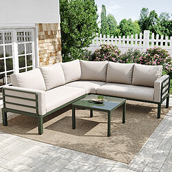 KOMHTOM Canapé d'angle jardin 4-5 places, table verre trempé, fer vert, coussins beige