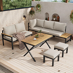 KOMHTOM Canapé d'angle jardin 4 pièces, 2 poufs, table repas bois, rangements, acier gris