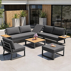 KOMHTOM Salon de jardin angle 7 places bois, coussins 10cm, table basse, métal, gris