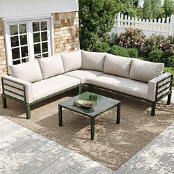 KOMHTOM Canapé d'angle jardin 4-5 places, table verre trempé, fer vert, coussins beige