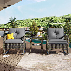 KOMHTOM Salon balcon 3 pièces rotin, fauteuils bascule, table verre trempé, coussins gris