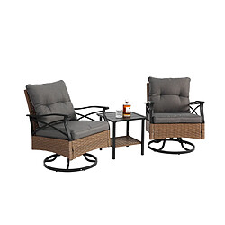 KOMHTOM Ensemble jardin 3 pièces, 2 fauteuils pivotants, table rotin acier, charge 159 kg marron