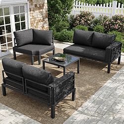KOMHTOM Canapé d'angle jardin 4-5 places, table verre trempé, cadre fer, coussins gris